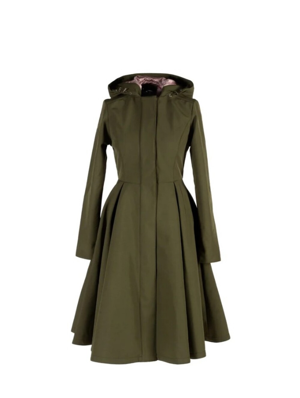 Rain Sisters Olive Green Hooded Fit-and-Flare Coat With Pink Satin Lining